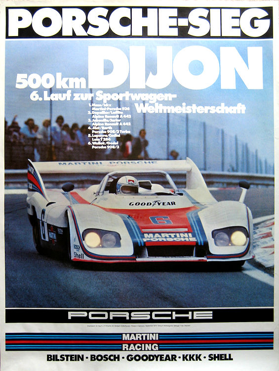 Vintage Porsche Factory Poster Porsche-Sieg, 500 km Dijon, 6. Lauf zur Sport-Wagen Marken-Weltmeisterschaft 1976