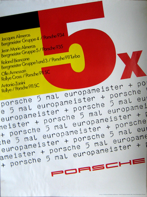 Vintage Porsche Factory Poster Porsche 5 X Europameister 1980