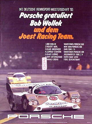 Vintage Porsche Factory Poster: Int. Deutsche Rennsportmeisterschaft, Porsche gratuliert Bob Wollek und dem Joest Racing Team